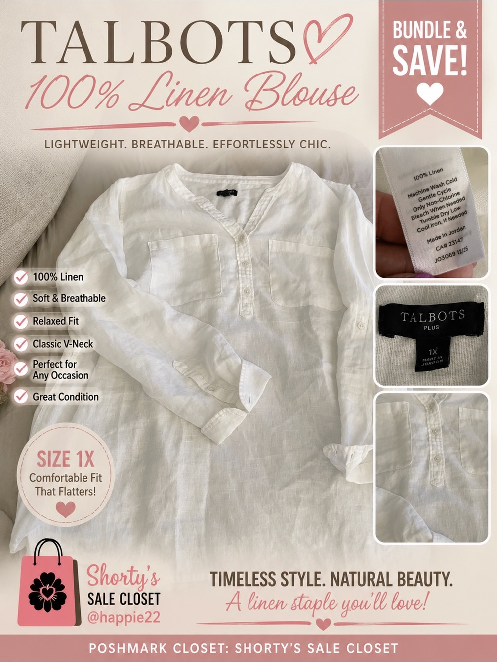 Talbots White 100% Linen V-Neck Button-Front Tunic